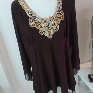*Gorgeous Jeweled Neck  Brown Blouse.